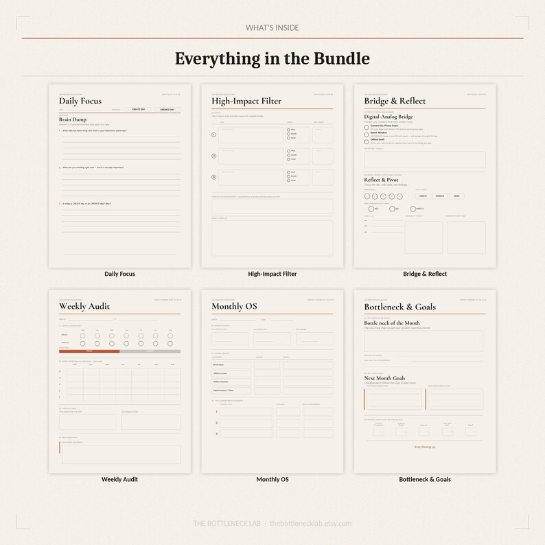 May include: A collection of six printable planning pages, including Daily Focus, High-Impact Filter, Bridge & Reflect, Weekly Audit, Monthly OS, and Bottleneck & Goals. The pages are in a minimalist style with a cream background and red accents.