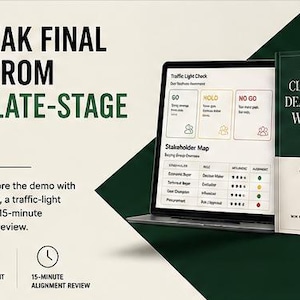 Puede incluir: Un portátil que muestra un mapa de partes interesadas y un control de semáforo, junto a un libro titulado "Closing More Deals Without Weak Final Demos". La imagen promueve un sistema para ejecutivos de cuentas.
