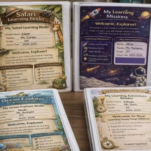 May include: Four white learning binders with colorful covers. Themes include a safari, ocean, space, and forest adventure. Each binder has a title, student information, and learning adventure sections. Pencils in a metal cup are in the background.