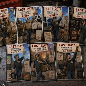 Puede incluir: Una colección de siete grabados artísticos con temática de jubilación. Cada grabado presenta una ilustración de dibujos animados de un trabajador jubilado con las palabras "LAST DAY!" y un mensaje de jubilación humorístico. Los grabados se muestran en una superficie de trabajo con herramientas.