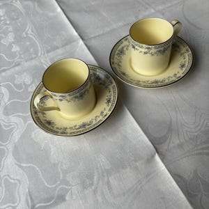 Op de afbeelding: Twee bijpassende kopjes en schotels. De kopjes en schotels zijn crèmekleurig met een delicaat blauw bloemmotief en een gouden rand. De kopjes hebben een eenvoudig oor. De schotels zijn rond en hebben een bijpassend bloemmotief.