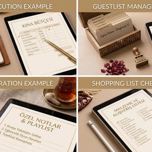 Peut inclure: Un collage d'images présentant des exemples de gestion de budget, de gestion de liste d'invités, de curation de playlist et de listes de contrôle de courses. Chaque exemple comprend une tablette avec du texte en turc et des objets connexes.