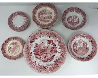 VTG J&G Meakin Romantic England Pink Transferware Dinnerware Set 31 Pcs Plates