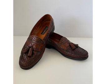 VTG Brass Boot Men Woven Leather Tassel Loafer Brown Made in Spain 95456-03-SY 9