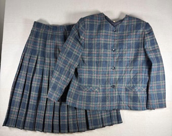 Traje de falda a cuadros de lana pura vintage de Dunedin, Escocia, en azul y rosa, talla 18/20.