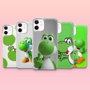May include: Five phone cases featuring the character Yoshi from the Super Mario video game series. The cases have different designs, including Yoshi in various poses and a polka dot pattern. The cases are green, white, and gray.