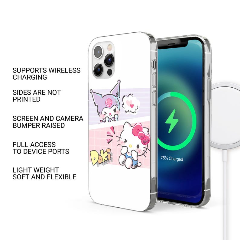 Peut inclure: Coque de t&eacute;l&eacute;phone blanche avec un motif de dessin anim&eacute; et le mot "Doki". L'&eacute;tui a une bordure transparente et est pr&eacute;sent&eacute; avec un t&eacute;l&eacute;phone affichant un &eacute;cran de chargement. L'&eacute;tui prend en charge la recharge sans fil.