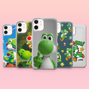 May include: A collection of five phone cases featuring the character Yoshi from the Super Mario video game series. The cases display various designs, including Yoshi in different poses, with backgrounds of sky, grass, and other game elements.