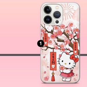 Puede incluir: Funda transparente para tel&eacute;fono con Hello Kitty en vestido rosa, sosteniendo una flor, bajo un cerezo en flor. El dise&ntilde;o festivo incluye caracteres chinos y un lazo rojo.