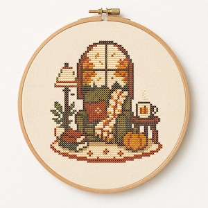 Leseecke-Kreuzstichmuster, Gemütliche Herbstvorlage, Herbstdeko für Bücherliebhaber, Kreuzstich für Anfänger, Kürbis-Fenstermotiv
