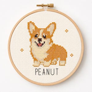Schema per punto croce Corgi in PDF, personalizzabile, ritratto di cane Pembroke, nome del cane personalizzato, adatto ai principianti.