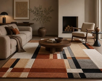 Hand Tufted Wool Area Rug, Modern Geometric Abstract, Beige Rust Black Carpet
