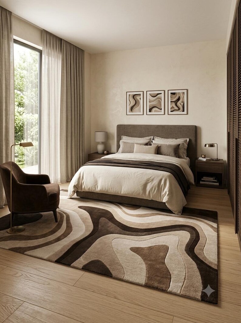 May include: A rectangular area rug featuring a layered, abstract topographic pattern in shades of dark brown, mocha, beige, and cream. The rug has a thick, textured pile with fluid, organic shapes that create a sense of depth and movement across the floor.