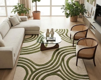 Hand Tufted Wool Area Rug, Modern Abstract Wave Carpet, Olive Green Living Room Rug