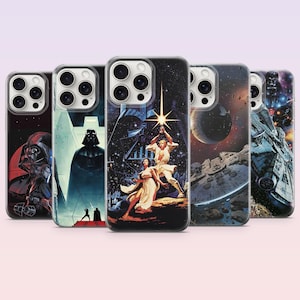 Puede incluir: Una colección de fundas para teléfonos con ilustraciones temáticas de Star Wars. Las fundas muestran personajes y escenas icónicas, como Darth Vader, Luke Skywalker y el Halcón Milenario, sobre un fondo de espacio y estrellas. Las fundas están diseñadas para varios modelos de teléfono.