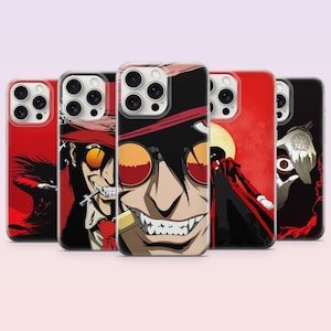 May include: A collection of five phone cases featuring anime-style illustrations. The cases showcase various characters with bold colors, including red, black, and orange. The designs include a character with sunglasses and a hat.