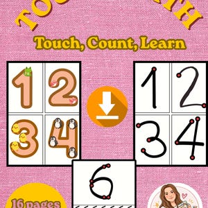 Könnte beinhalten: Pädagogische Touch Math Lernmaterialien auf rosa Hintergrund mit dem Text TOUCH MATH, Touch, Count, Learn, 16 pages Detailed und Büşra Teacher. Die Blätter zeigen die Zahlen 1 bis 6 mit Tierillustrationen und Punktmarkierungen.