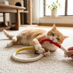 May include: An orange and white cat playing with a circular rope toy. The toy features a thick, braided cord design with segments colored in bright red, yellow, and off-white. One end of the rope is held, while the cat bites the red section.