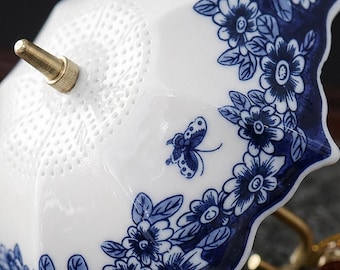 Ceramic Umbrella Tea Strainer, Blue Floral Loose Leaf Infuser with Brass Tassel, Drip Tray