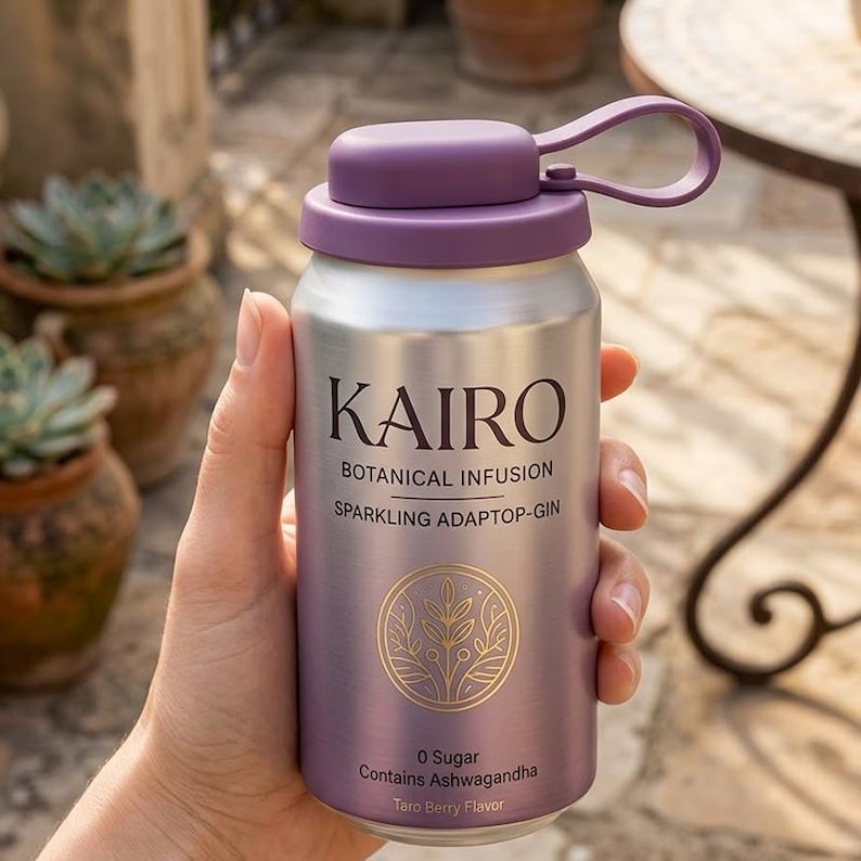 May include: A silver and purple KAIRO botanical infusion drink can with a purple lid and handle. The can features the text "KAIRO", "Botanical Infusion", "Sparkling Adaptop-Gin", and "0 Sugar Contains Ashwagandha Taro Berry Flavor".