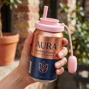 May include: A copper-colored can of "AURA Sparkling Essence" with a pink lid and straw. The can has a navy blue label with a floral design and the text "Organic Botanical Infusion". The can is held in a hand.