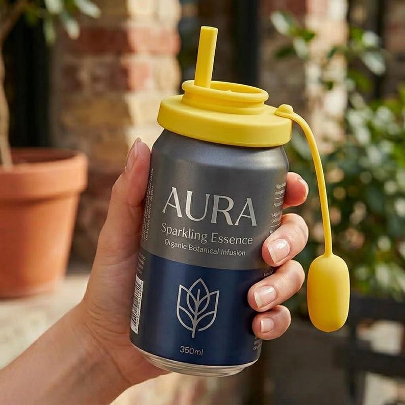 May include: A dark gray can with a yellow lid and straw, held in a hand. The can has the text "AURA Sparkling Essence Organic Botanical Infusion" and a leaf design. The can holds 350ml.