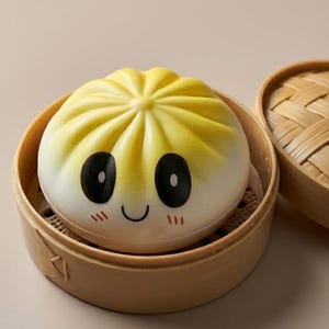 Op de afbeelding: Een lachende, cartoonachtige bao bun met een gele bovenkant en witte onderkant, rustend in een bamboe stoommand. De bun heeft grote zwarte ogen, een gebogen mond en kleine rode wangmarkeringen. De stomer is lichtbruin.