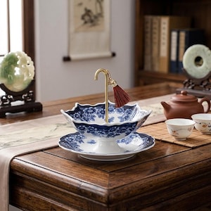Ceramic Umbrella Tea Strainer, Blue Floral Loose Leaf Infuser with Brass Tassel, Drip Tray