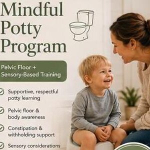 May include: An image of a mother and child in a bathroom setting. The child is sitting on a small potty chair, smiling. The mother is looking at the child and smiling. Text on the left side reads "Mindful Potty Program" with bullet points about potty training.