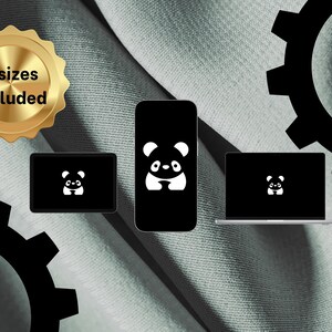 Könnte beinhalten: Ein schwarzes Smartphone, Tablet und Laptop zeigen ein weißes Panda-Logo. Eine goldene Plakette mit dem Text "3 Größen enthalten" befindet sich in der oberen linken Ecke. Die Geräte befinden sich auf einem grauen Stoffhintergrund.