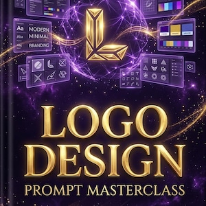 Op de afbeelding: Boekomslag met een paars en goud ontwerp. De titel "LOGO DESIGN" staat in grote gouden letters. De cover bevat de tekst "PROMPT MASTERCLASS" en "BY MASTERFULAI". De achtergrond heeft een sterren effect en design elementen.