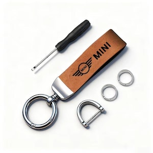 May include: A brown leather keychain strap with the "MINI" logo and text, a silver key ring, two small silver rings, a silver D-ring, and a black screwdriver. The keychain is designed for car keys.
