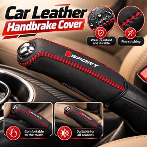 May include: A black leather handbrake cover featuring red stitching and the text SPORT in white. The cover has a metallic top accent and is designed for car interiors. The image includes text labels highlighting wear-resistant, durable, and fine stitching features.