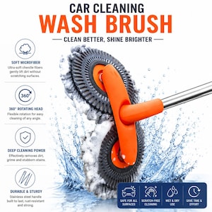 May include: A car cleaning wash brush with two circular grey microfiber heads and a bright orange plastic frame attached to a stainless steel handle. The text reads CAR CLEANING WASH BRUSH, CLEAN BETTER, SHINE BRIGHTER, and lists features.