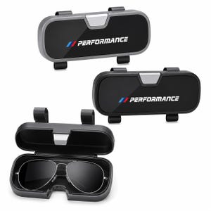 May include: Three black rectangular sunglass cases with clips for vehicle visors. Each case features the word PERFORMANCE in white text next to a blue and red stripe logo. One case is open, revealing a pair of silver-framed aviator sunglasses.