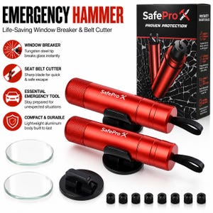 Könnte beinhalten: Zwei rote zylindrische Nothämmer mit schwarzen Montagebasen, eine schwarze Schachtel mit der Aufschrift SafePro, zwei klare Glasscheiben und acht kleine schwarze Befestigungselemente. Die Hämmer haben eine Wolframstahlspitze und einen Gurtschneider.