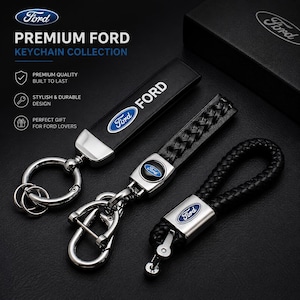 May include: A selection of black Ford keyrings with silver detailing. The keyrings display the Ford logo and the word "Ford". The image also includes the text "PREMIUM FORD KEYCHAIN COLLECTION".