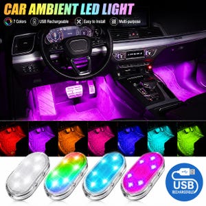 May include: Car ambient LED light set featuring seven color options, USB rechargeable functionality, and easy installation. The image displays the lights illuminating a vehicle interior in purple, with additional color variations shown below.