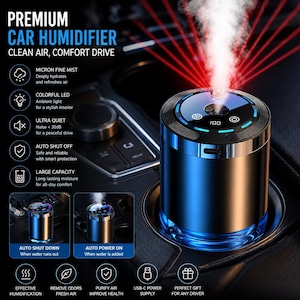 Könnte beinhalten: Ein zylindrischer schwarzer Autoluftbefeuchter, der weißen Nebel ausstößt, mit einer Digitalanzeige, die 100 anzeigt, blauen LED-Lichtakzenten und einem USB-C-Anschluss. Der Text umfasst PREMIUM CAR HUMIDIFIER, CLEAN AIR, COMFORT DRIVE und Symbole.