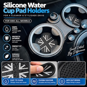 May include: Black silicone cup holder inserts for Mini vehicles, featuring a white Union Jack flag design. The set includes flexible, anti-slip pads with a textured underside, designed to protect car interiors from spills, dirt, and wear.