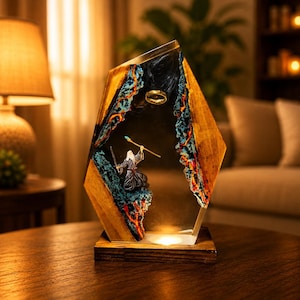 Gandalf Resin Lamp, Lord of the Rings Night Light, One Ring Epoxy Wood Lamp, LOTR Gift for Him, Tolkien Fantasy Desk Decor