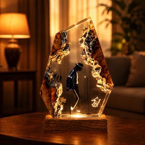 Michael Jackson Resin Lamp, MJ Moonwalk Night Light, King of Pop Epoxy Wood Lamp, Music Legend Gift