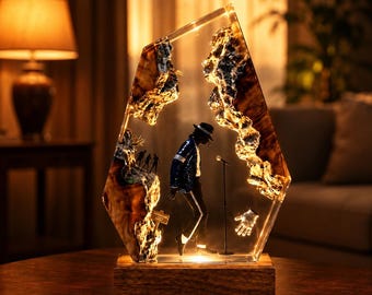 Michael Jackson Resin Lamp, MJ Moonwalk Night Light, King of Pop Epoxy Wood Lamp, Music Legend Gift