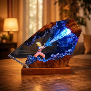 Kamehameha Goku Resin Lamp, Dragon Ball Z Epoxy Night Light, Super Saiyan Anime Gift for Him, Handmade Wood Lamp, Anime Room Decor