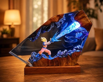 Kamehameha Goku Resin Lamp, Dragon Ball Z Epoxy Night Light, Super Saiyan Anime Gift for Him, Handmade Wood Lamp, Anime Room Decor