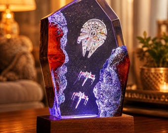 Millennium Falcon Resin Lamp, Star Wars Night Light, X-Wing Epoxy Wood Lamp, Sci-Fi Gift for Him, Handmade Space Lamp, Star Wars Decor