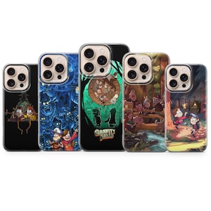 May include: Five phone cases with Gravity Falls themed designs. The cases feature colorful illustrations of characters and scenes from the animated series. The cases have a clear border and a black background.