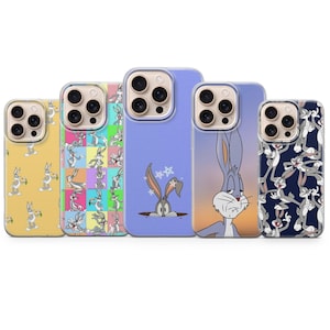 May include: A collection of five phone cases featuring Bugs Bunny designs. The cases display various images of the cartoon character, including repeating patterns and individual character illustrations. Colors include yellow, pink, purple, and blue.