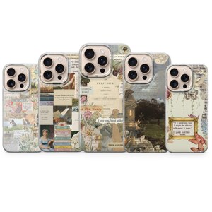 May include: Five smartphone cases featuring collage designs inspired by Jane Austen novels. The cases display vintage-style illustrations, floral patterns, book stacks, and printed text excerpts from works like Emma and Pride and Prejudice in muted, classic color palettes.