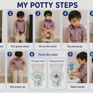 Peut inclure: Affiche éducative "MY POTTY STEPS" illustrant dix étapes. Un enfant en chemise à carreaux rouges et blancs et pantalon beige est montré allant aux toilettes, s'asseyant sur les toilettes et se lavant les mains. Instructions textuelles incluses.